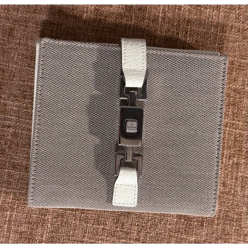 Auth. Gucci Ivory Leather Gray Canvas Piston Lock Jackie Compact Wallet